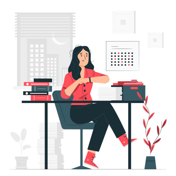 illustration of a woman working and looking at her watch, appears to be working overtime