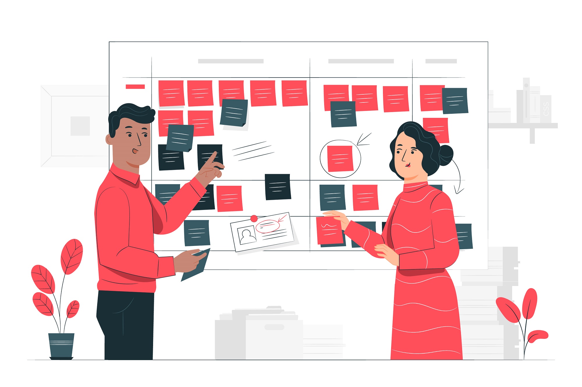 illustration of two people collaborating at a board covered with paper notes