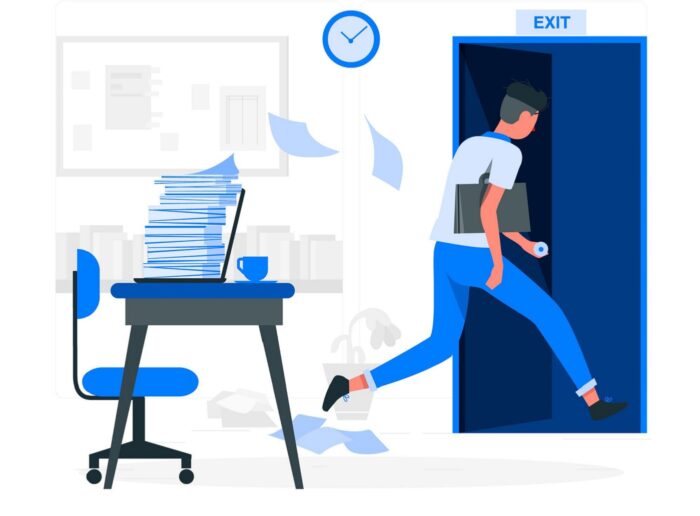 illustration of a man hurrying out the door to escape work