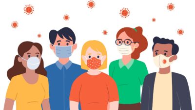 illustration of five people wearing masks with coronavirus particles in the air