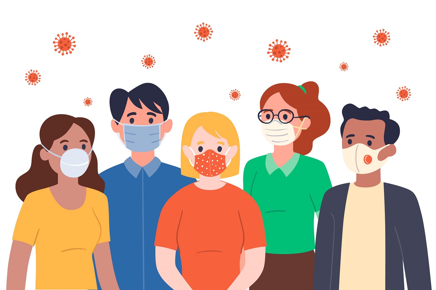 illustration of five people wearing masks with coronavirus particles in the air