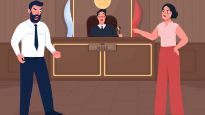 litigation illustration. a man and woman argue in court