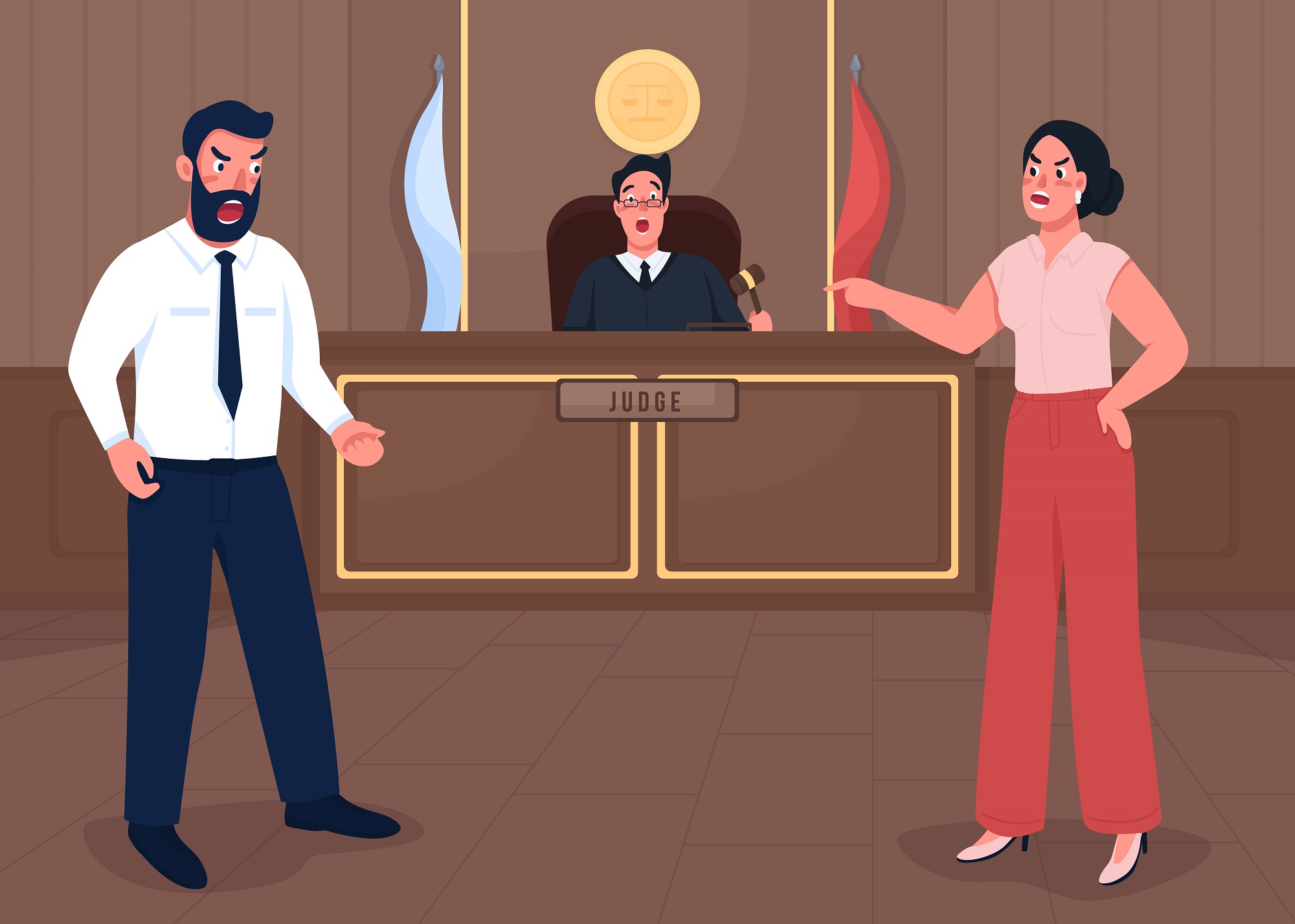 litigation illustration. a man and woman argue in court