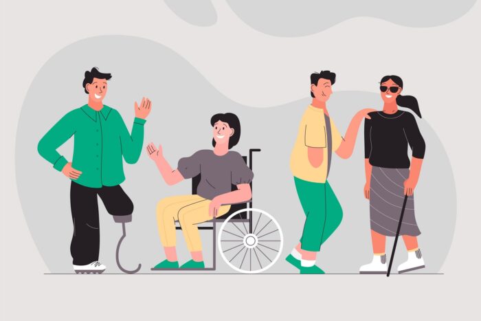 an illustration of people with disabilities speaking to each other