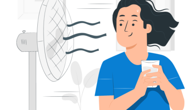 illustration of a woman standing in front of a fan to prevent heat illness