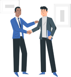 illustrated, a man in a suit shakes hands with another man, to indicate trust