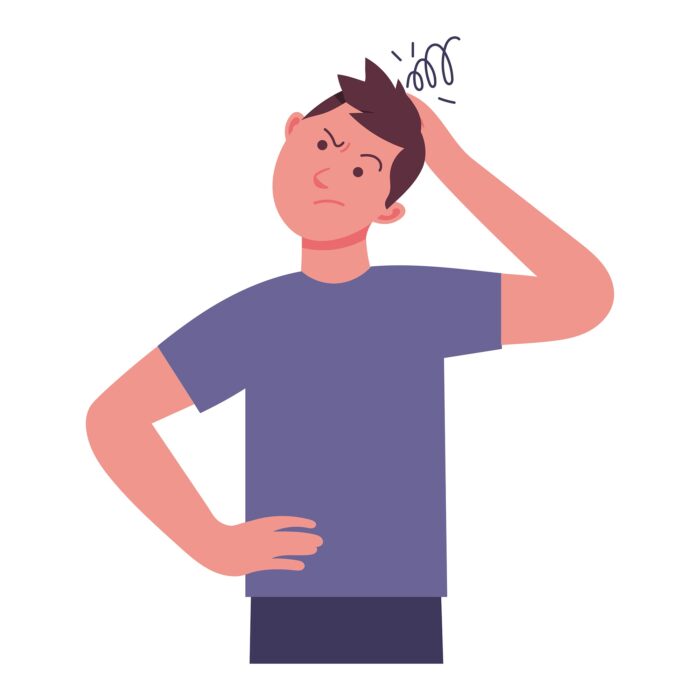 young man holds his head because he feels confused, the expression of a man who feels complicated, character vector illustration design