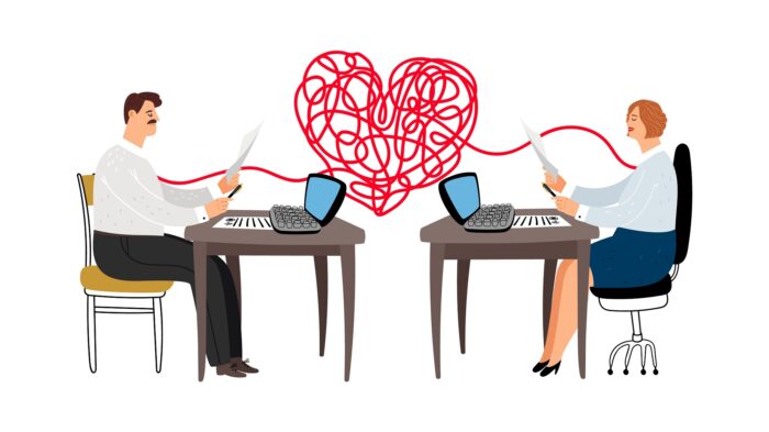 Love affair at work vector illustration. Colleagues are in love, male female managers characters
