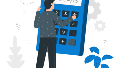 illustration of a person with a calculator to illustrate calculating taxes