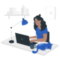 illustration of a person working on a laptop with a cat nearby