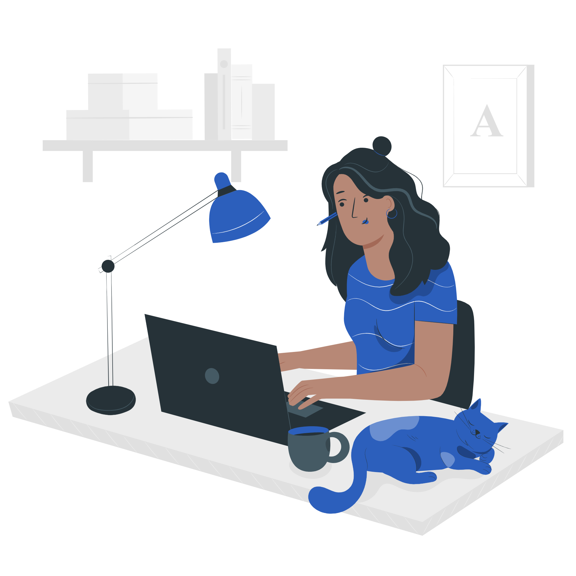 illustration of a person working on a laptop with a cat nearby