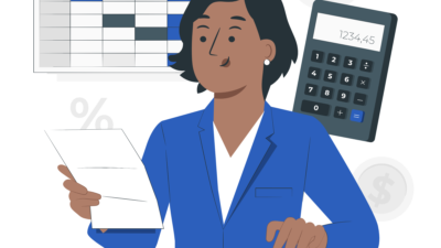 illustration of a woman doing taxes looking at a W2