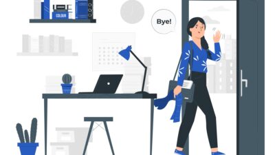 illustration of a woman leaving her desk saying "bye"