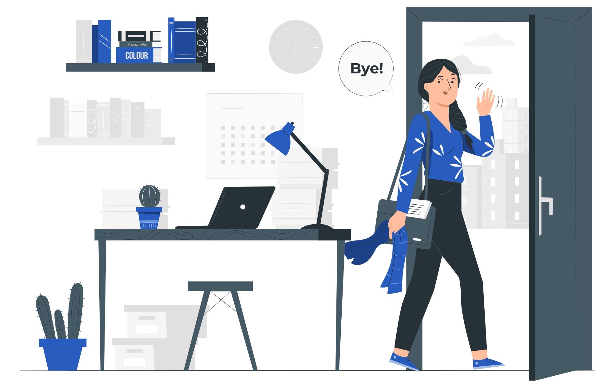 illustration of a woman leaving her desk saying "bye"