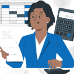 illustration of a woman calculating payroll with a calculator and physical paychecks