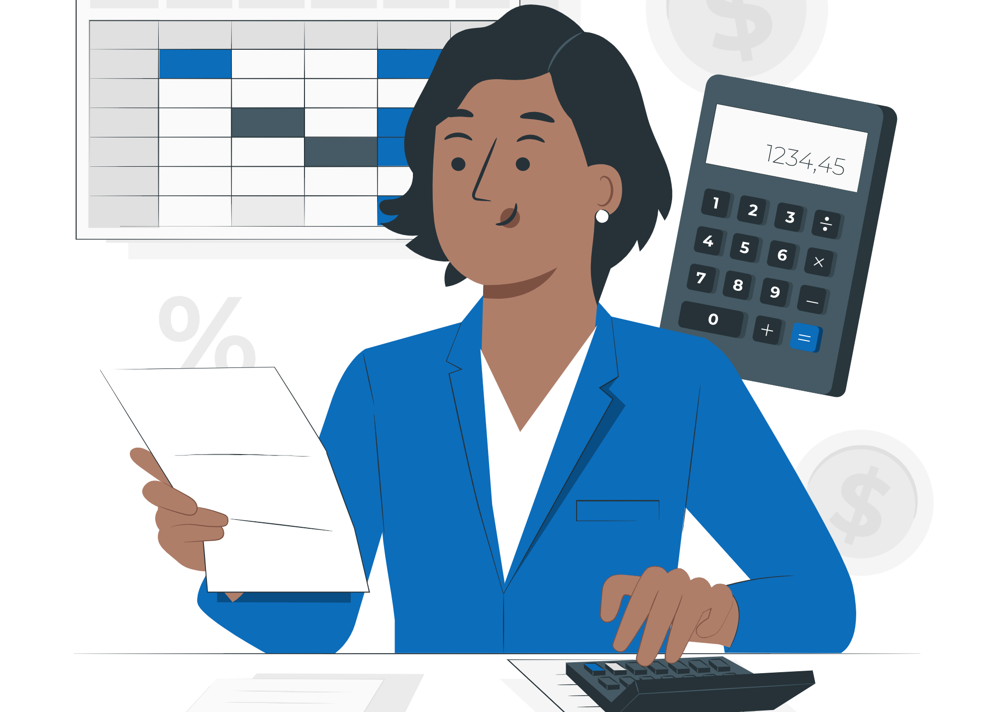 illustration of a woman calculating payroll with a calculator and physical paychecks