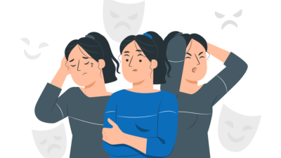 an illustration of a woman struggling with mental health. IT shows three versions of her in various moods.