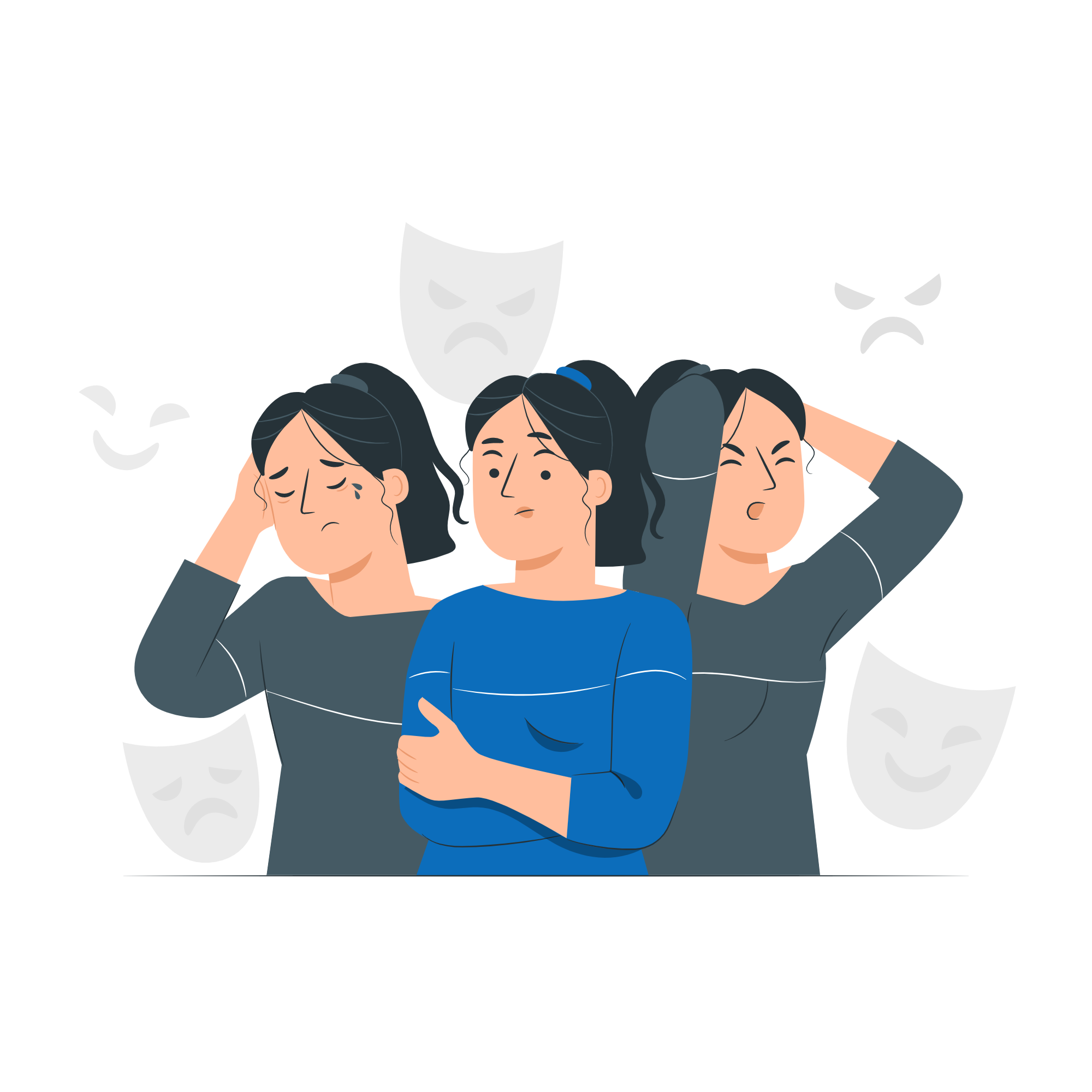 an illustration of a woman struggling with mental health. IT shows three versions of her in various moods.