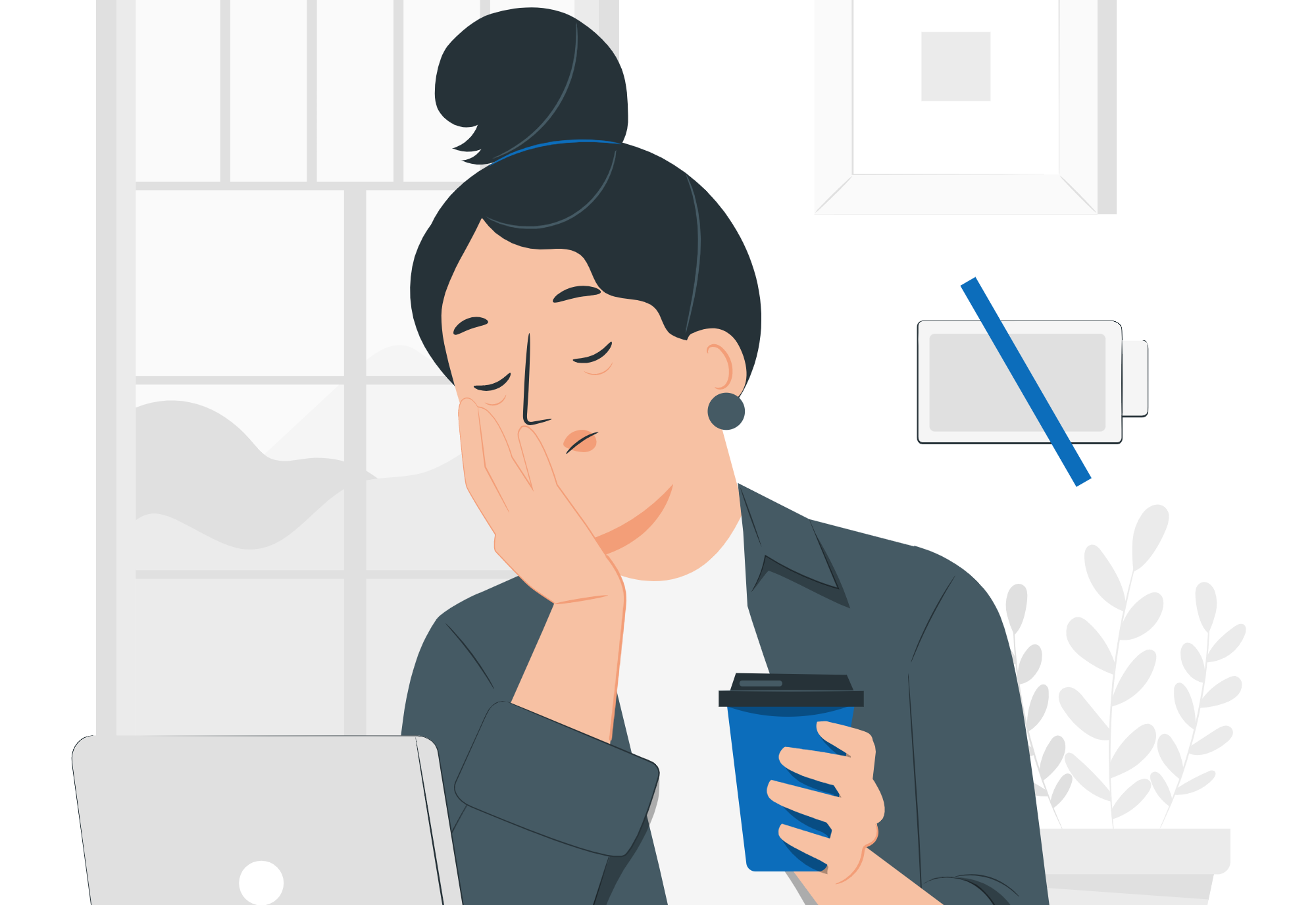 illustration to depict quiet quitting: a person holding a coffee in front of a laptop and looking tired with a low battery icon