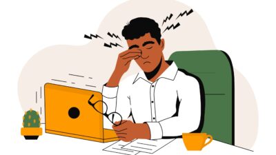 illustrated character frustrated in front of a laptop to demonstrate difficulty with understanding pay transparencys