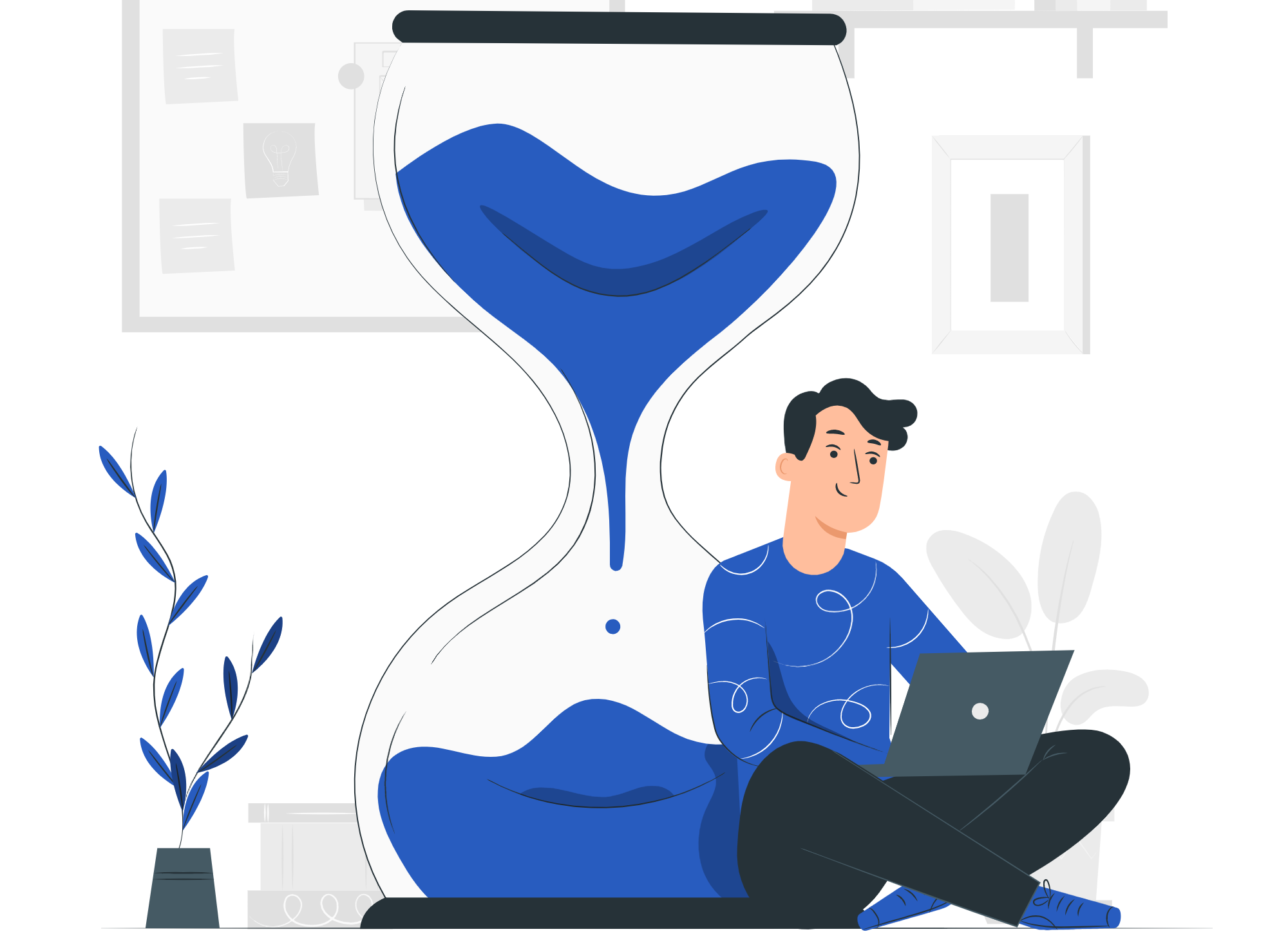 illustration of a person on a laptop sitting in front of an hourglass, illustrating working overtime