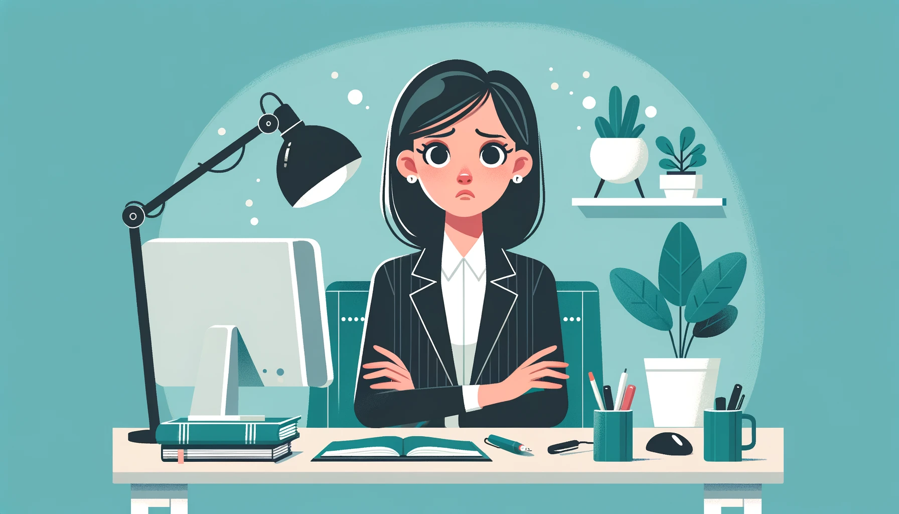 illustration of a woman working at her desk with a look of concern, illustrating confusion over the new federal labor law
